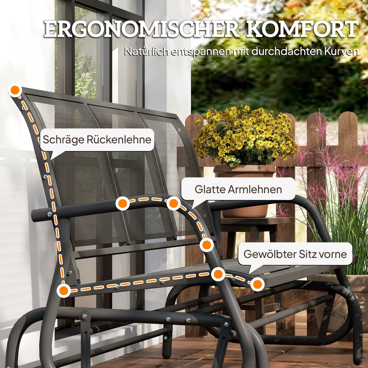 3 vietų supynės sodui su supimo mechanizmu, metalinis suolas, atlaiko iki 300 kg, lauko baldai sodui, terasai, 147 x 70 x 85 cm, tamsiai pilkos spalvos