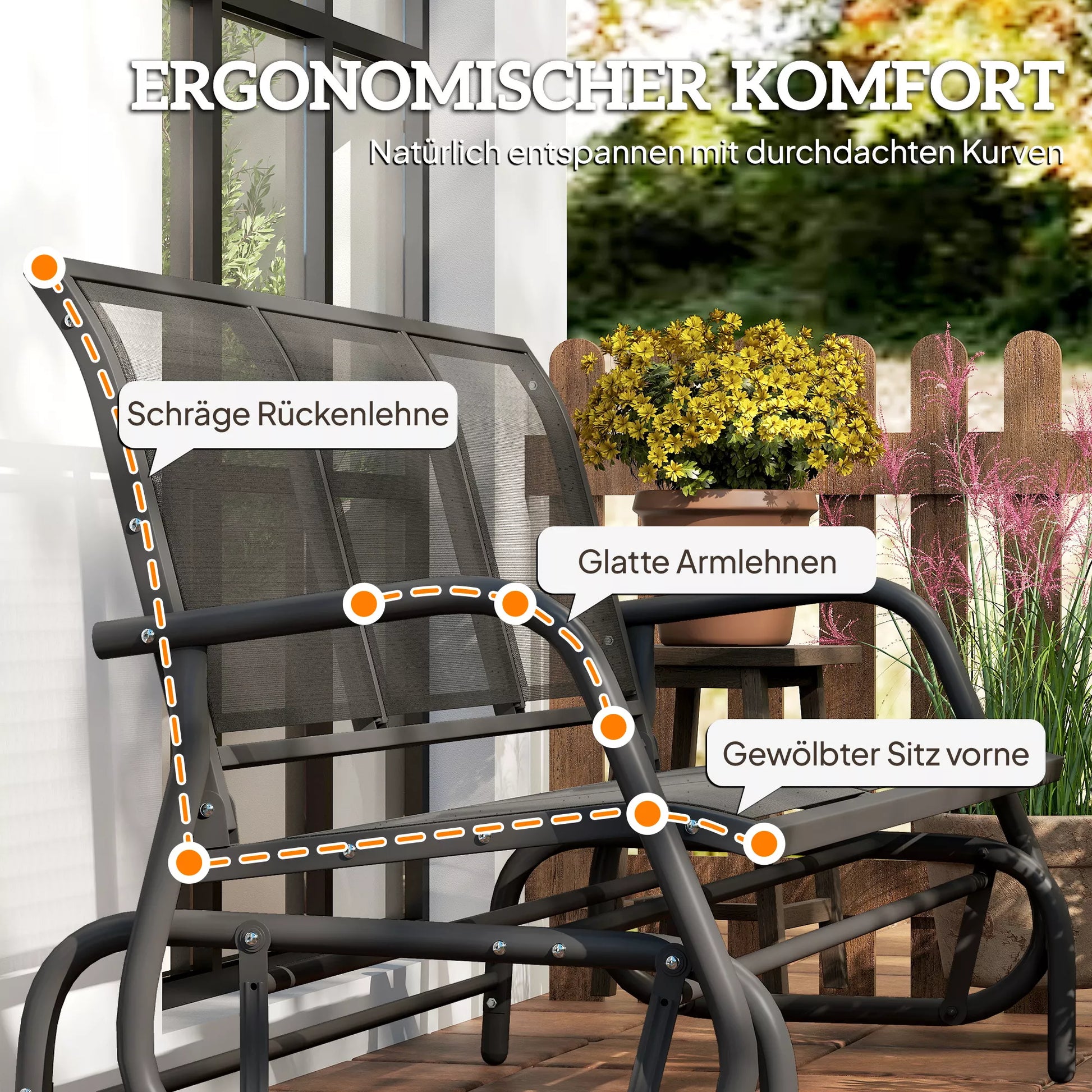 3 vietų supynės sodui su supimo mechanizmu, metalinis suolas, atlaiko iki 300 kg, lauko baldai sodui, terasai, 147 x 70 x 85 cm, tamsiai pilkos spalvos