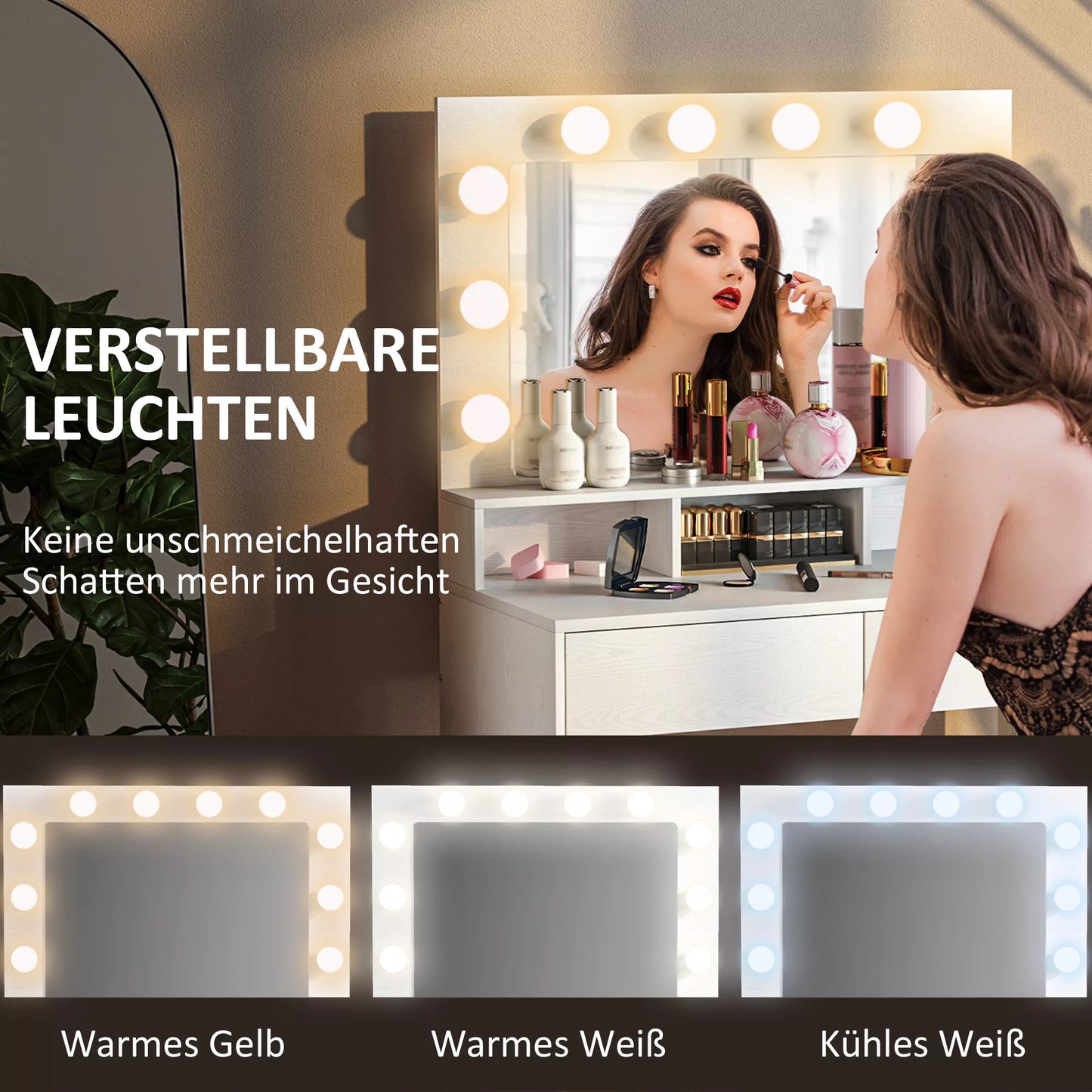 Modernus baltas kosmetinis staliukas su apšviestu veidrodžiu, stalčiais, 3 apšvietimo režimais ir 10 lemputių