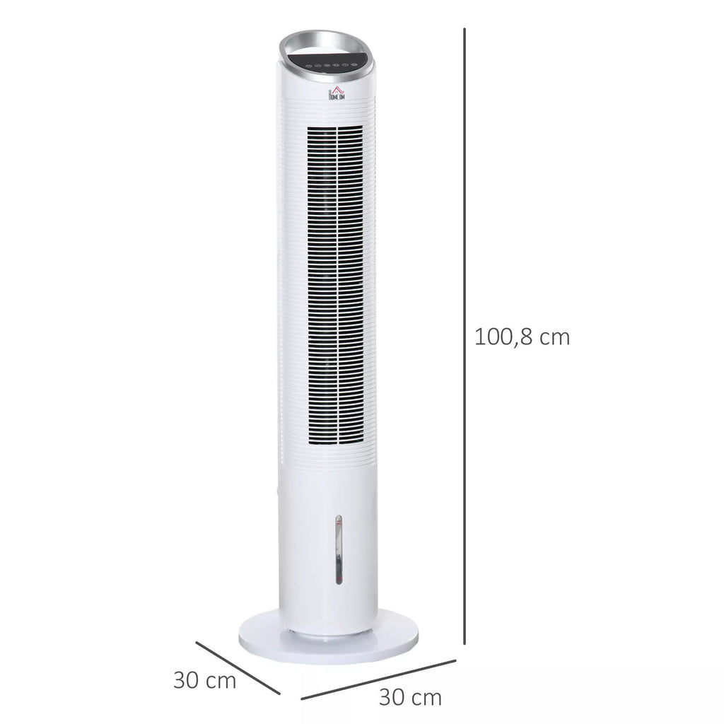 Vandens aušinimo koloninis ventiliatorius su nuotolinio valdymo pultu, 60 W, 20 m², 30 cm x 30 cm x 100,8 cm, 3 režimai, baltas