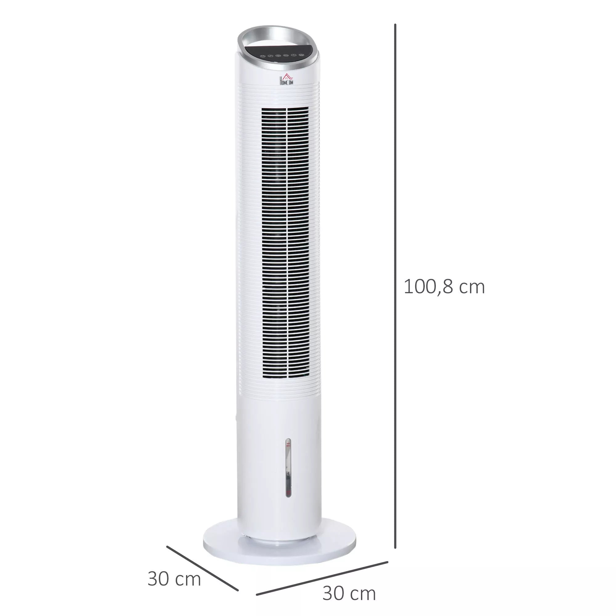 Vandens aušinimo koloninis ventiliatorius su nuotolinio valdymo pultu, 60 W, 20 m², 30 cm x 30 cm x 100,8 cm, 3 režimai, baltas