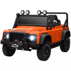Oranžinis vaikiškas elektromobilis Land Rover Defender su stogo grotelėmis ir LED žibintais