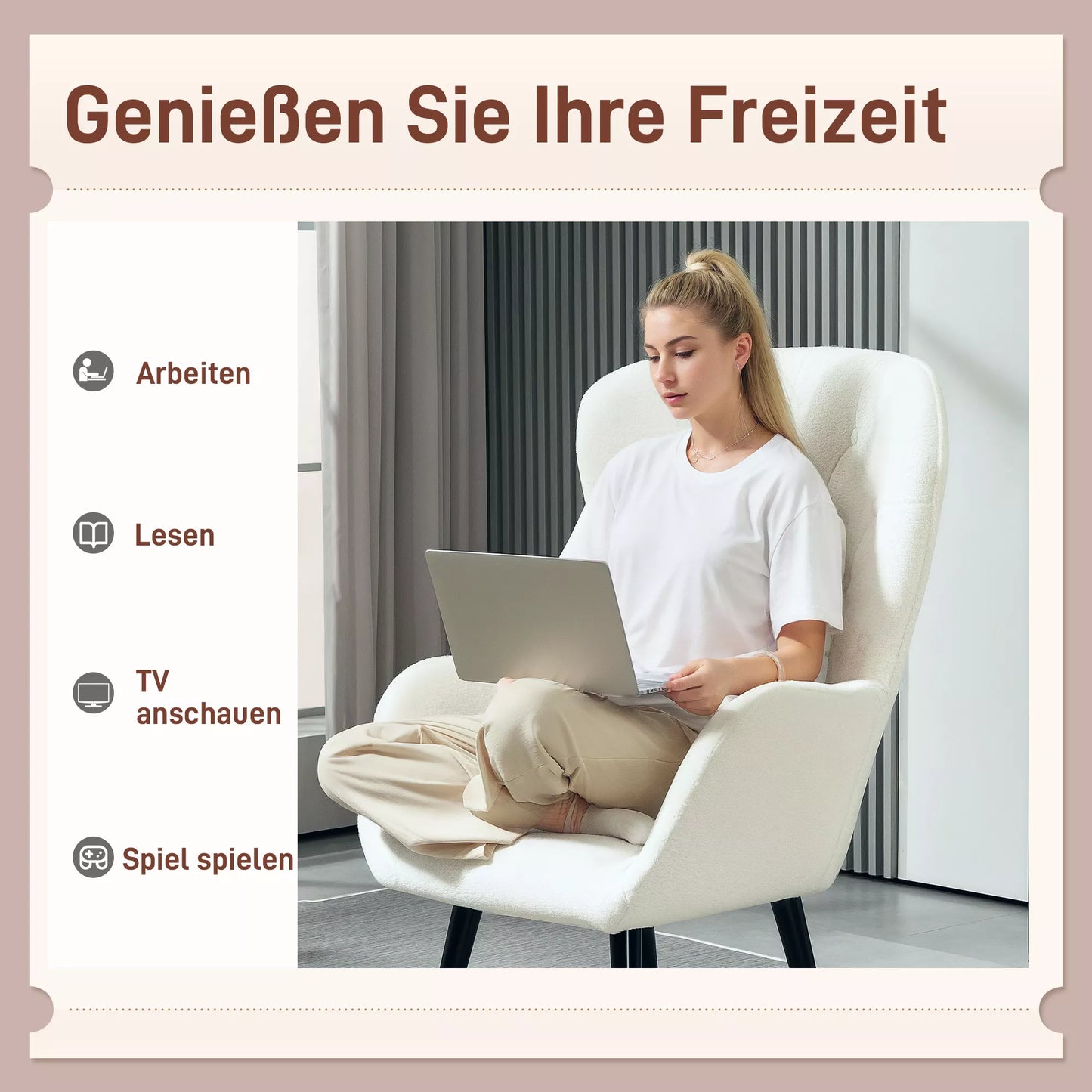 Svetainės fotelis su rombiniu dygsniavimu, gobtuvas iš teddy audinio, su dekoratyvine pagalvėle, 88 x 75 x 106 cm, baltas