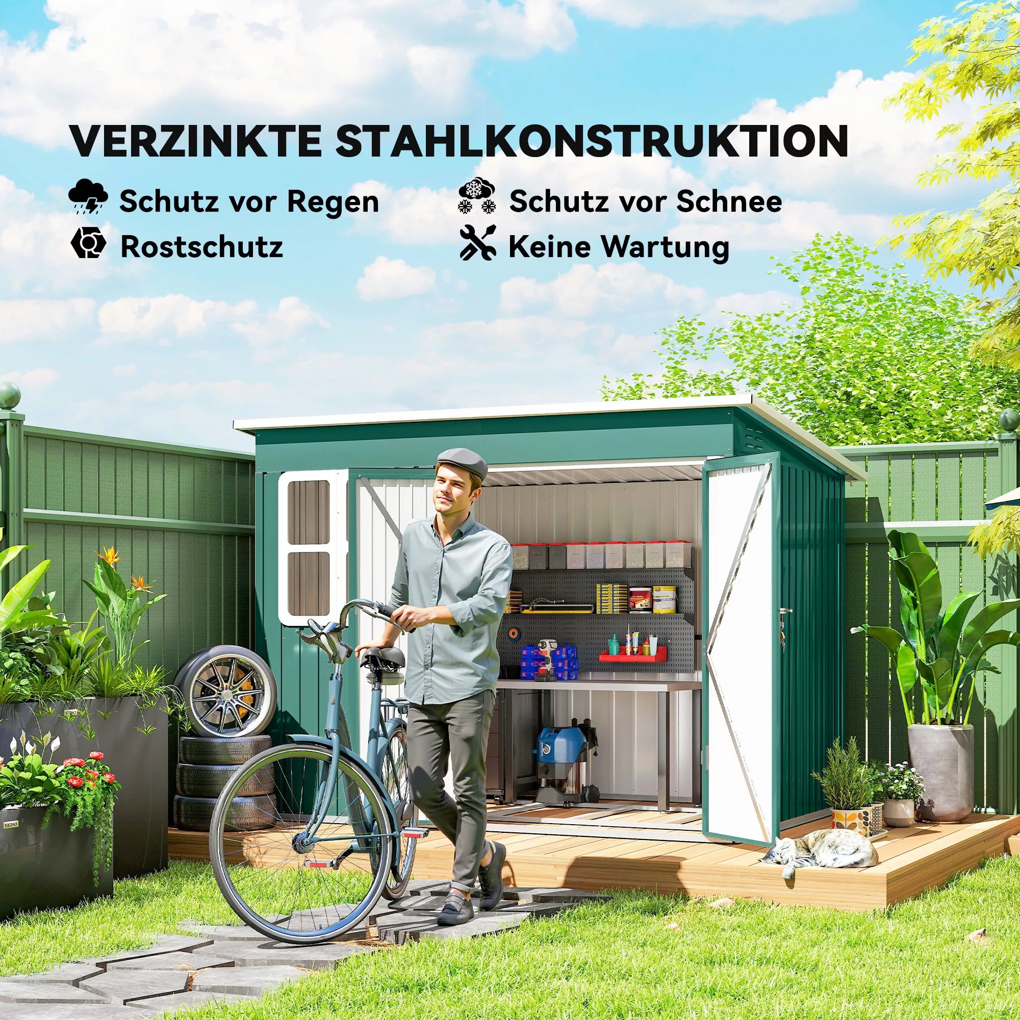 Metalinis sandėliukas sodo įrankiams laikyti, su langu, plačiomis durimis, 260 x 177 x 190 cm, žalias