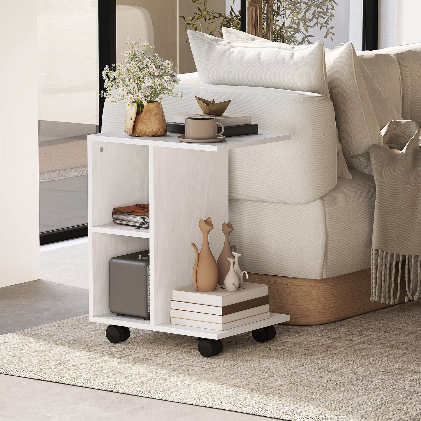 Pagalbinis staliukas C formos, kavos staliukas, svetainės staliukas, kampinis rašomasis stalas, su ratukais, E1 medžio drožlių plokštė, 45 x 35 x 58 cm, Balta
