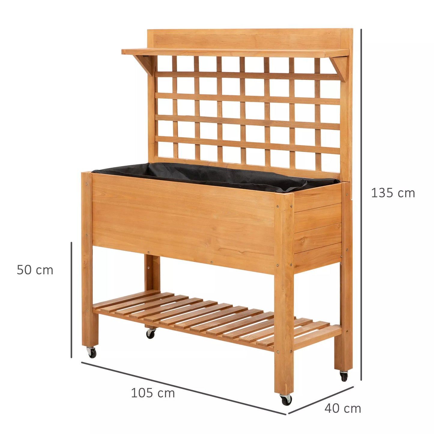 Pakeltas lysvas, sodinimo stalas, gėlių stalas, darbo stalas, sodininko stalas, šiltnamio tipo medinis sodinimo stalas sodui, balkonui, 105 x 40 x 135 cm, eglė, neaustinis audinys, rudas