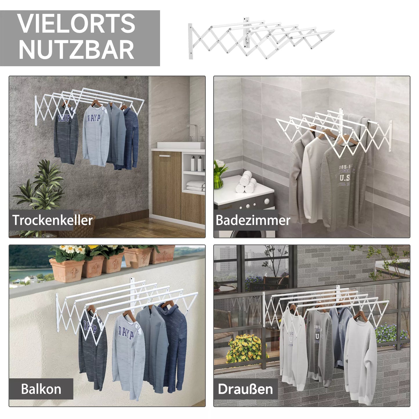 Išskleidžiama ir sulankstoma sieninė drabužių džiovykla, taupanti vietą, skirta naudoti viduje ir lauke, balta, 63,5 x 60 x 20 cm