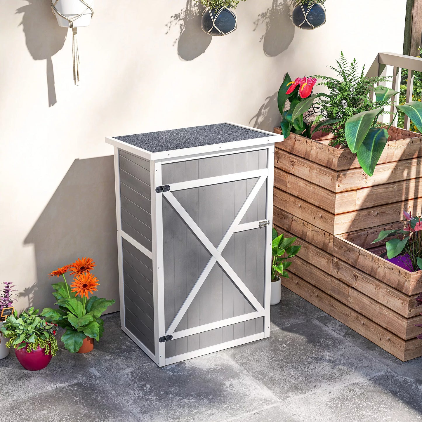 Atsparus oro sąlygoms sodo namelis su lentynomis, 75 x 56 x 115 cm, pilkas