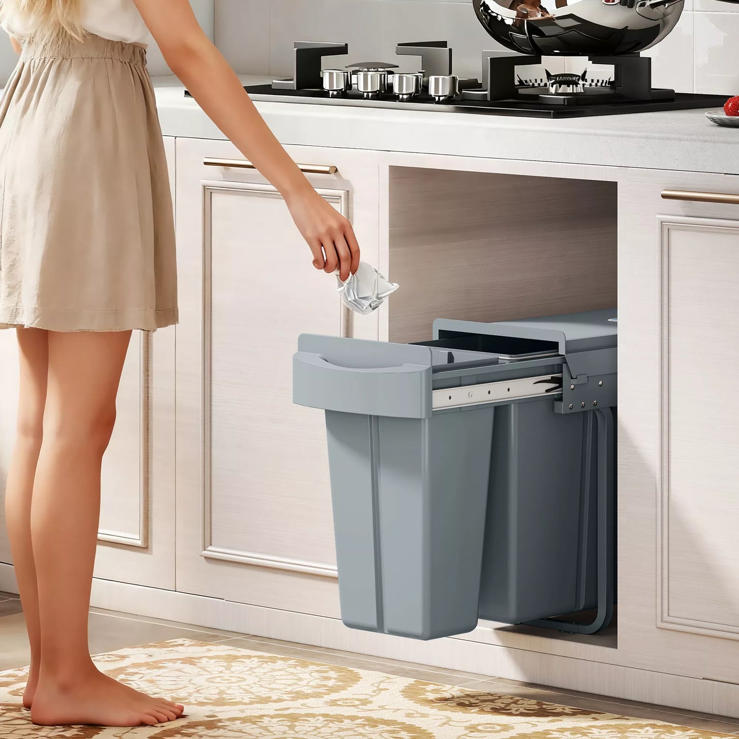 Ištraukiamas šiukšlių konteineris, virtuvės šiukšlių konteineris su 2 išimamais kibirais, rankena, 30 litrų (20 l + 10 l), metalas, pilkos spalvos