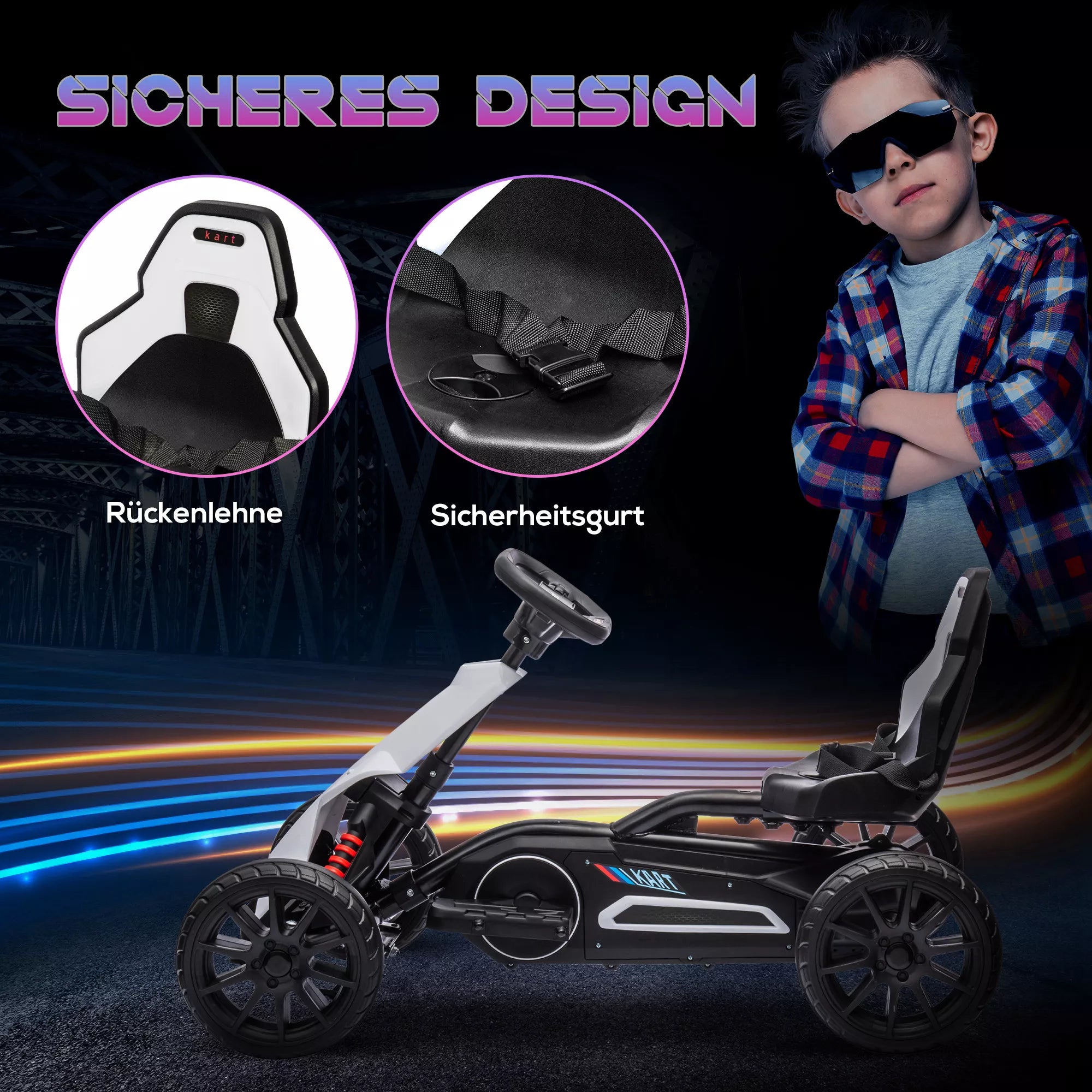 Go-Kart vaikams, elektrinis kartas, iki 5 km/h, saugos diržas, sėdynė su atlošu, plastikas, metalas, balta spalva