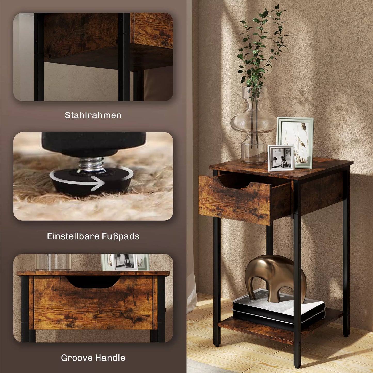 Pagalbinis staliukas pramoninio stiliaus, su stalčiumi, lentyna, metaliniu rėmu, mediena, 40 x 40 x 68 cm, rudas