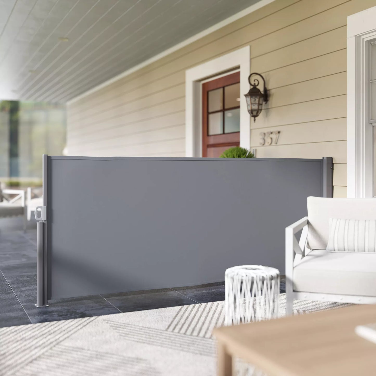 Ištraukiama šoninė markizė, nepermatoma, apsauganti privatumą, su sieniniu laikikliu, dengta, 300x140cm, tamsiai pilka