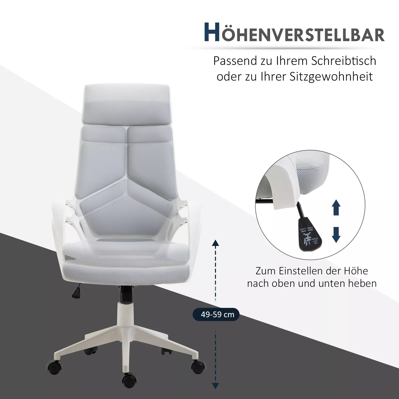 Ergonomiška biuro kėdė, tinklinė medžiaga, reguliuojamas aukštis, sukiojama, su ratukais, pilka + balta