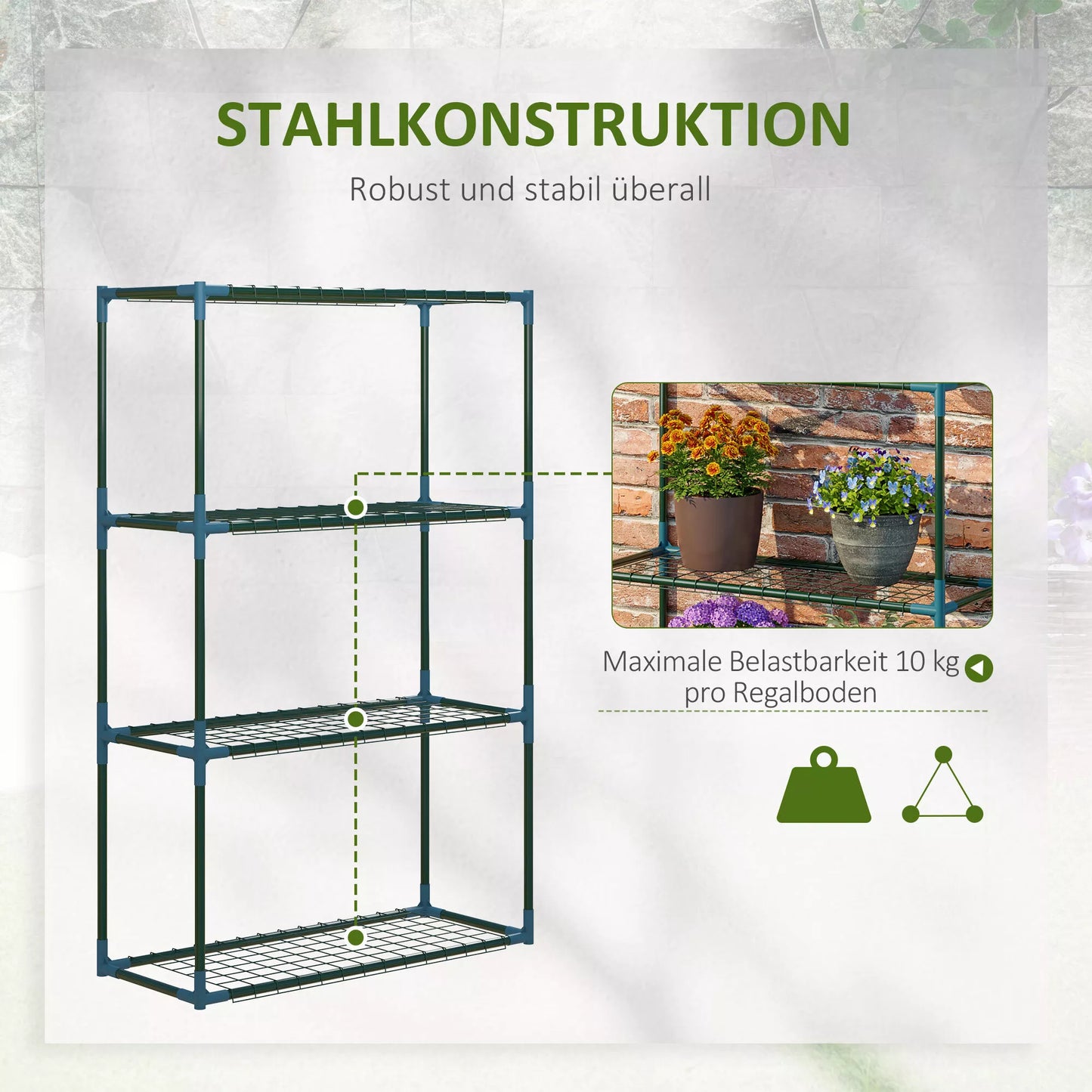 Augalų lentynos, 2 vnt. rinkinys, po 4 lentynos, galima naudoti kartu arba atskirai, plienas, žalia spalva, 70 x 27 x 110 cm