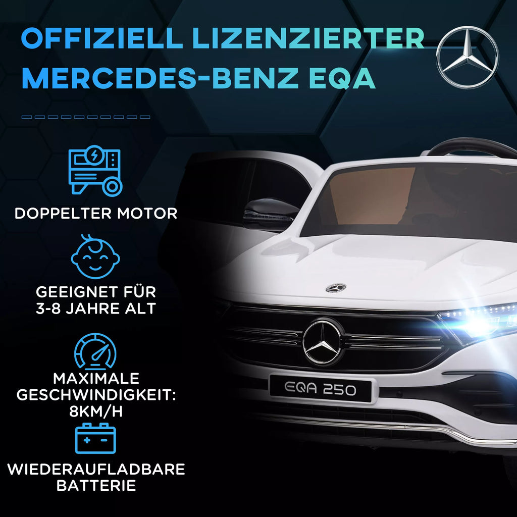 Elektrinis vaikų automobilis, licencijuotas „Mercedes-Benz EQA“, 3–8 km/h, muzika, žibintai, signalas, nuotolinis valdymas, baltas
