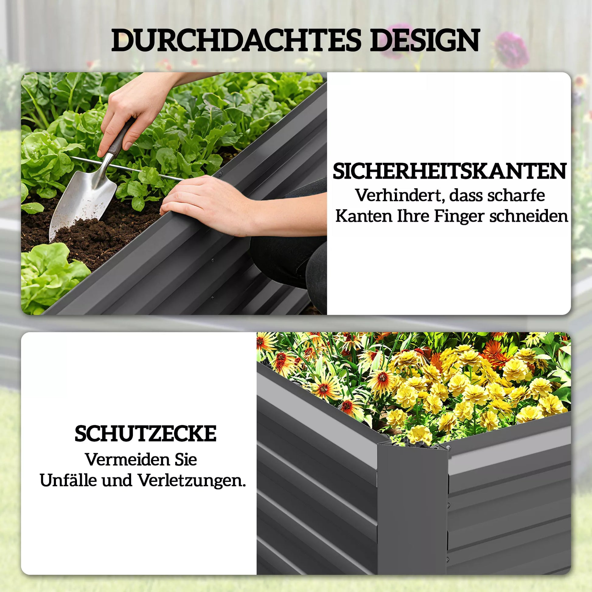 Aukštas metalinis daržo lysvė 180 x 90 x 57,5 cm gylio su atviru dugnu ir tamsiai pilkos spalvos atramine strypu