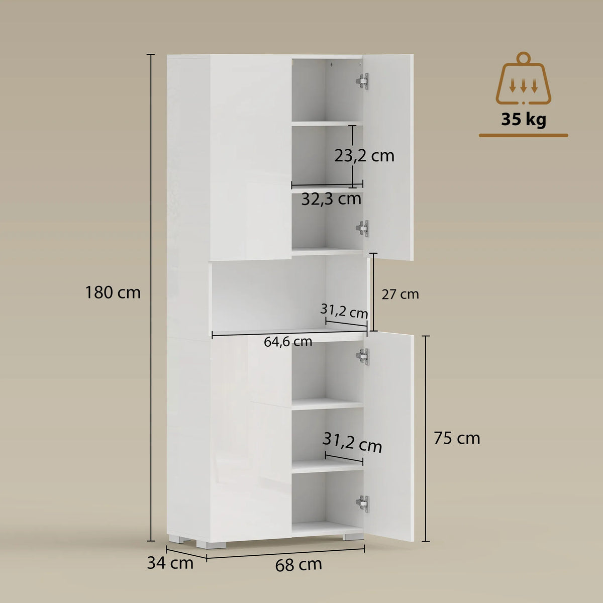 Matmenų schema: aukštis 180 cm, plotis 68 cm, gylis 34 cm, laikomas svoris 35 kg
