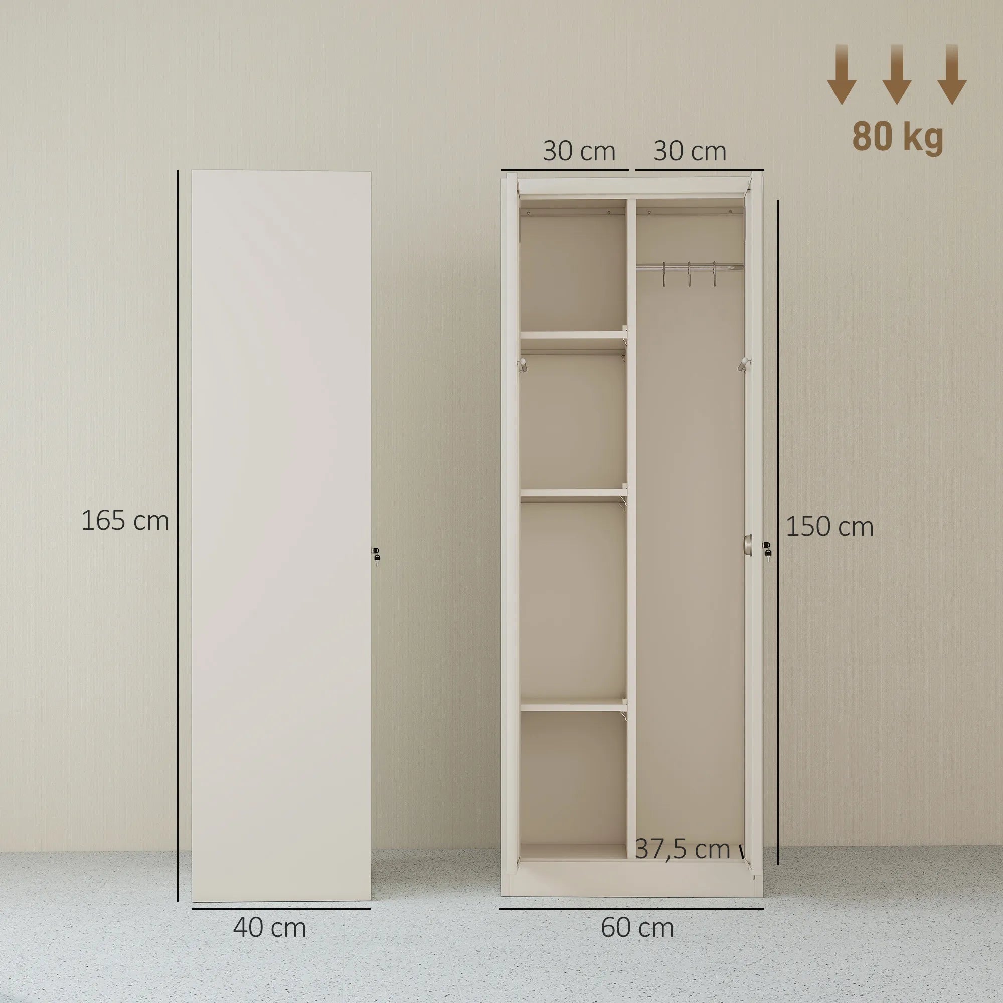 Ūkinės spintos matmenų schema: 165x60x40 cm, apkrova 80 kg