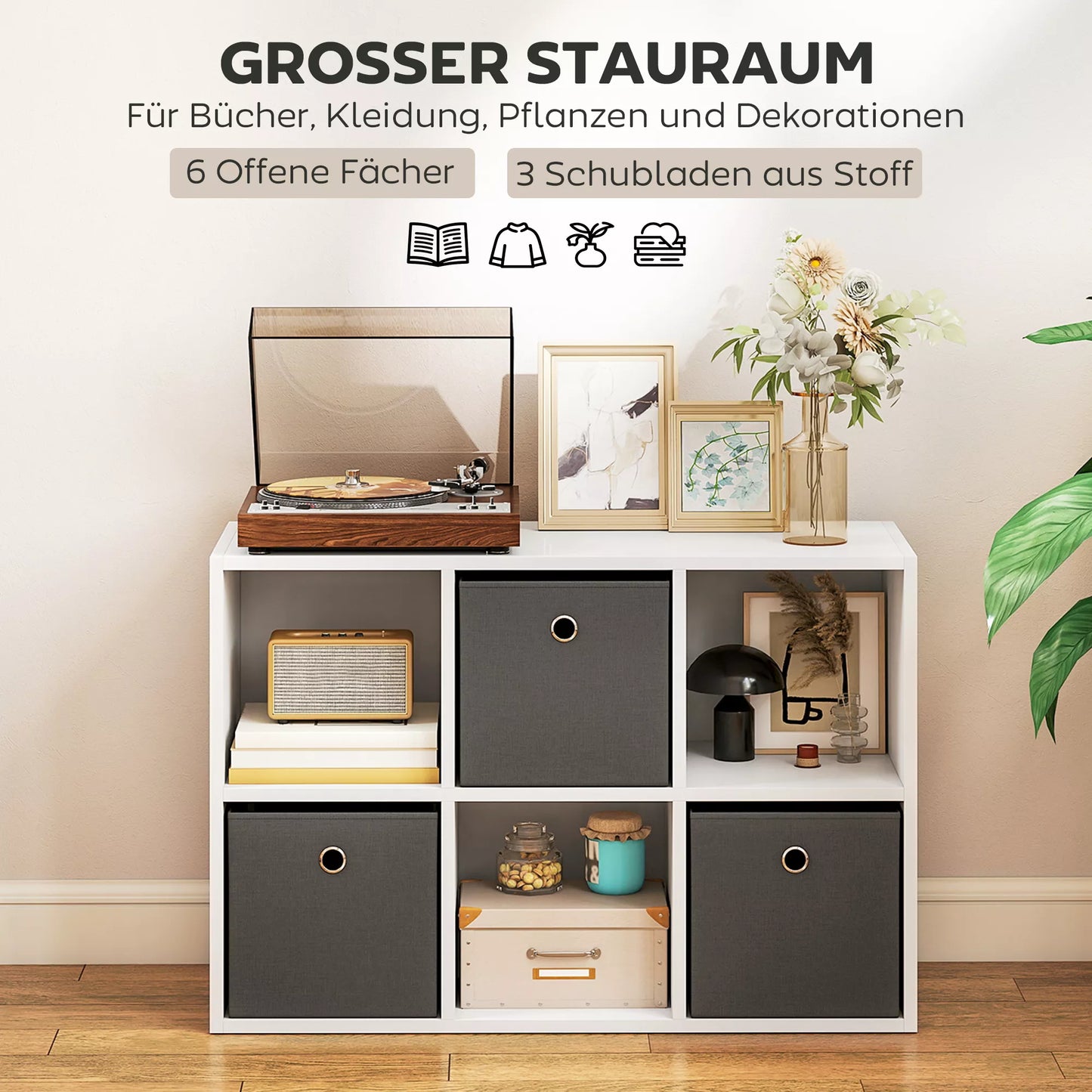 Lentynos su 6 skyreliais ir 3 audinio stalčiais, daiktų laikymo lentynos, universalios, pilkos spalvos