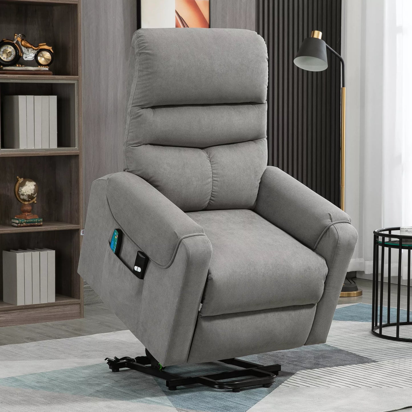HOMCOM Elektrinis fotelis su pagalba atsistojant, masažinis fotelis su gulėjimo ir šildymo funkcijomis, poilsio fotelis su nuotolinio valdymo pulteliu ir šonine kišene, reguliuojamas, poliesterio audinys, tamsiai pilkos spalvos