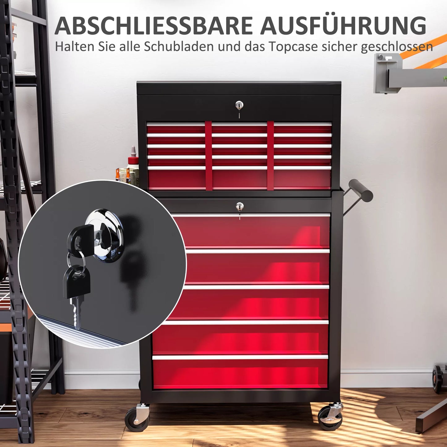 Dviejų dalių užrakinamas įrankių vežimėlis, 14 stalčių, perforuota sienelė, plieninis, raudonas