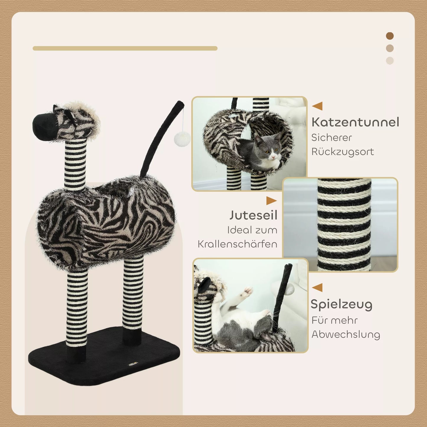 Katės namelis Zebrinio rašto, 1 katės tunelis, 3 draskyklės stulpai 48,5 cm x 35 cm x 93 cm, Juoda + Balta