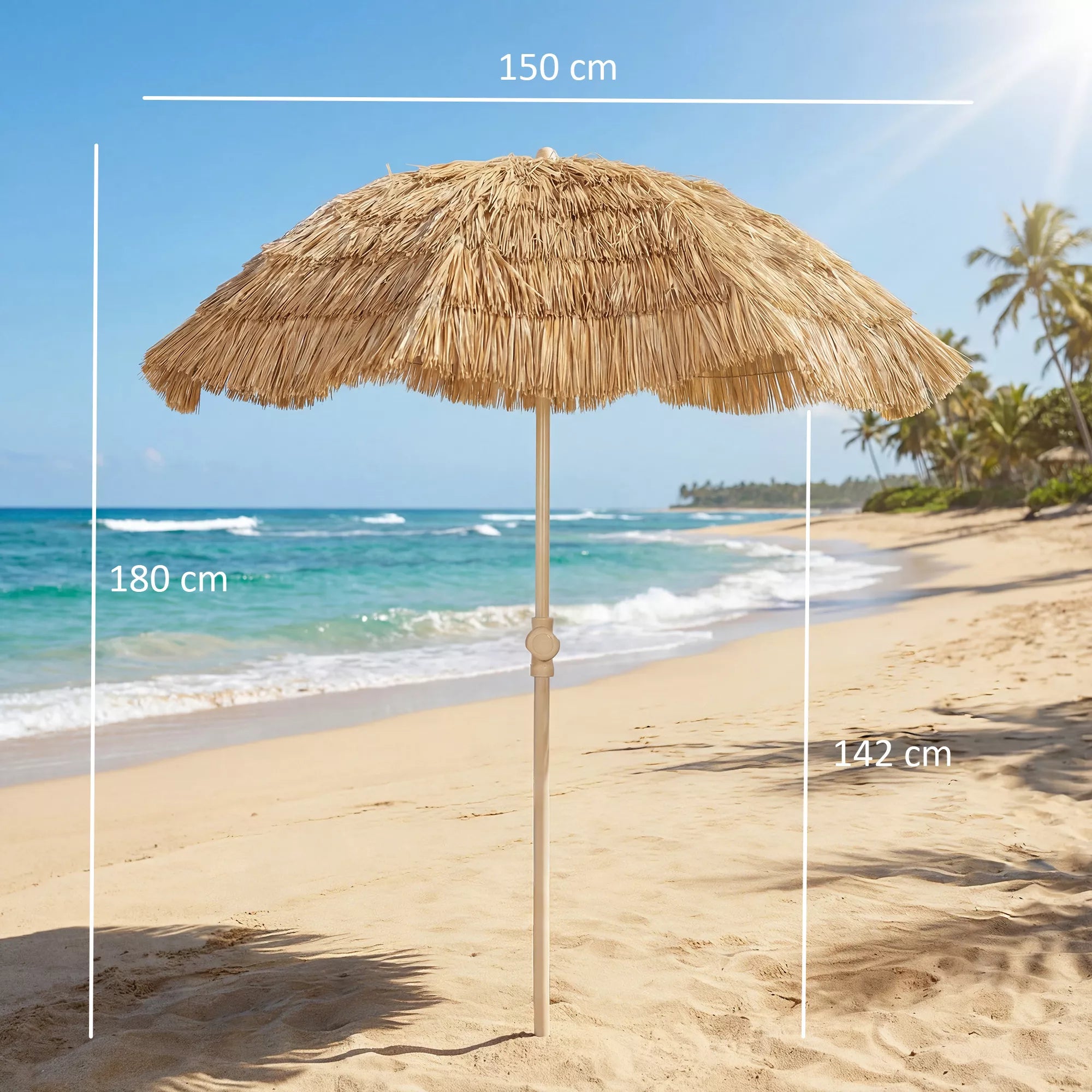 150 cm „Hula“ šiaudinis stogas, „Tiki“ paplūdimio ir sodo skėtis su smėlio inkaru, reguliuojamu aukščiu ir pakreipimo funkcija, šiaudinis stogas