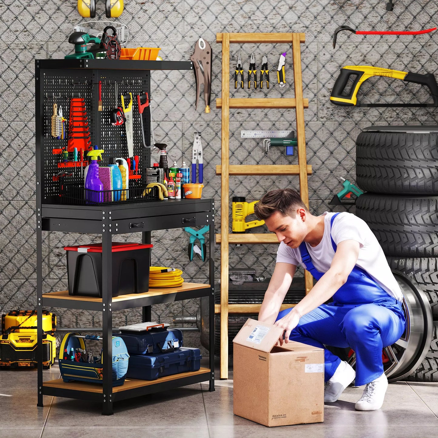 Įrankių stalas 80 x 40,5 x 155 cm, su perforuota sienele, kabliukais, stalčiumi, 2 lentynomis dirbtuvėms, juodas