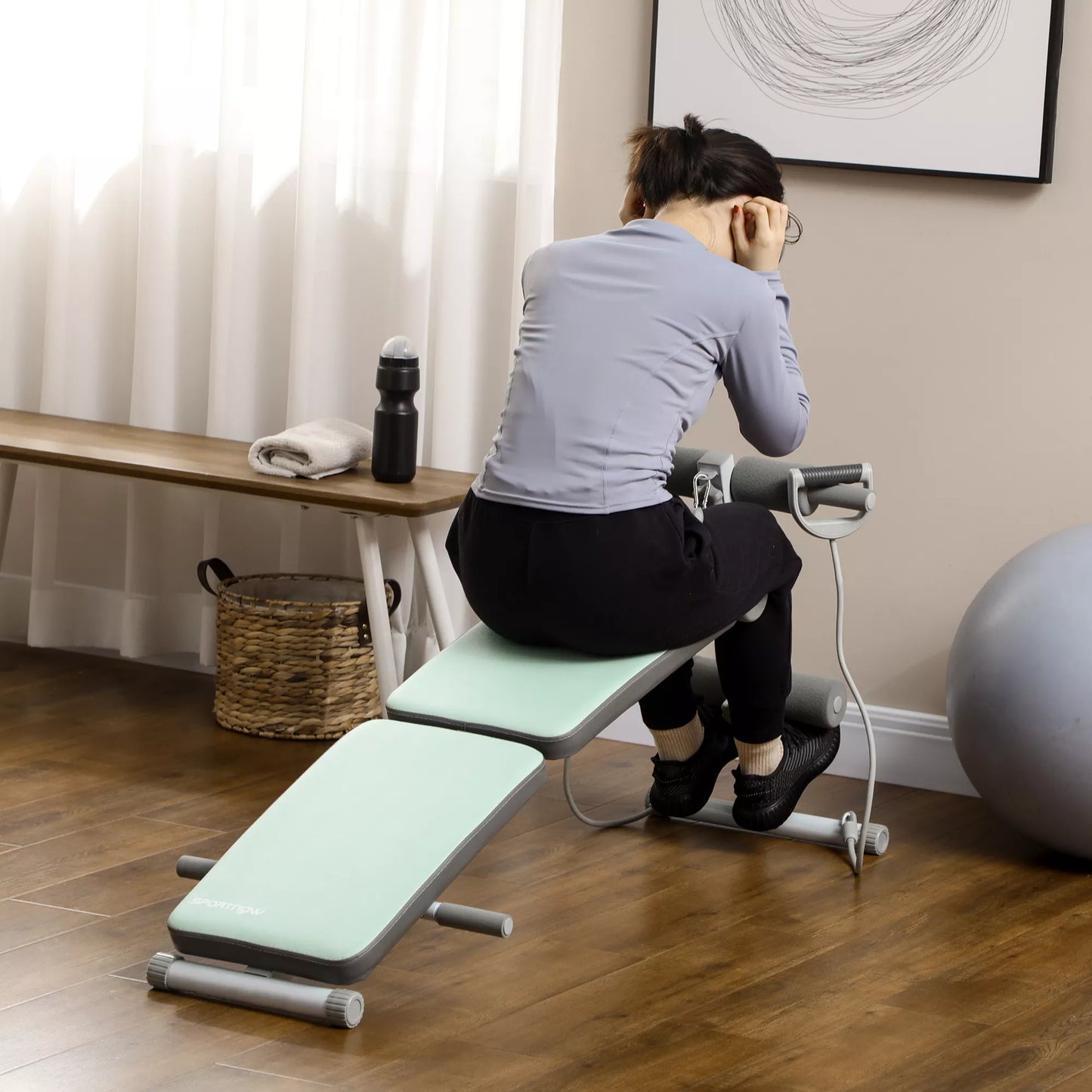 Treniruočių suolas, pilvo treniruoklis, reguliuojamas aukštis, sulankstomas, 2 pasipriešinimo juostos, plienas, žalias, 51 x 137 x 50-66 cm