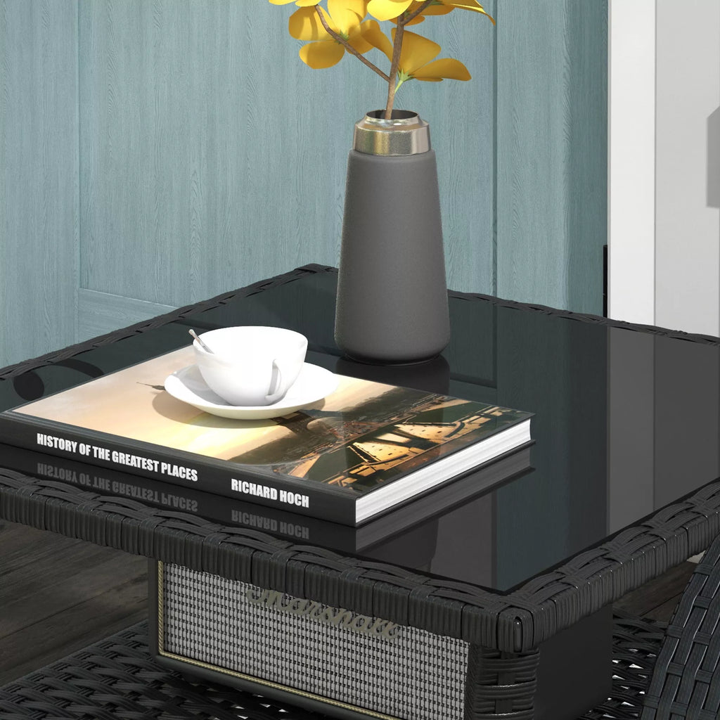 Polyrattan sodo stalas, 50 x 50 x 45 cm, atsparus atmosferos poveikiui, pagalbinis stalas 4 asmenims, kvadratinis su stikliniu stalviršiu