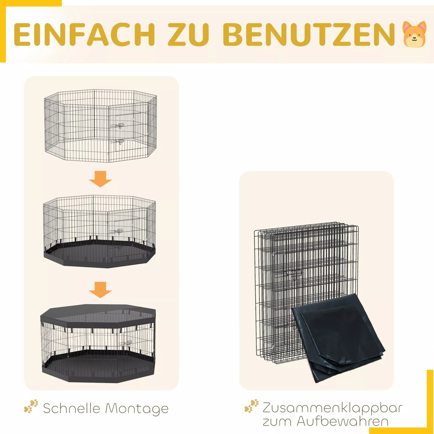 Šuniukų aptvaras, 76 cm aukščio/apie 2,5 m², 8 panelės, grindų danga, kombinuota stogo danga