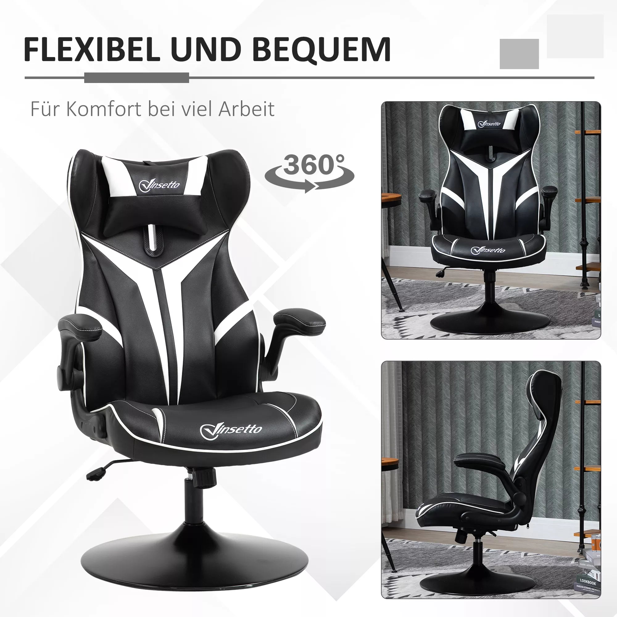 Žaidimų kėdė Ergonomiška žaidimų kėdė su galvos atrama ir reguliuojamu aukščiu Žaidimų kėdė Biuro kėdė su sūpynės funkcija Juoda + balta