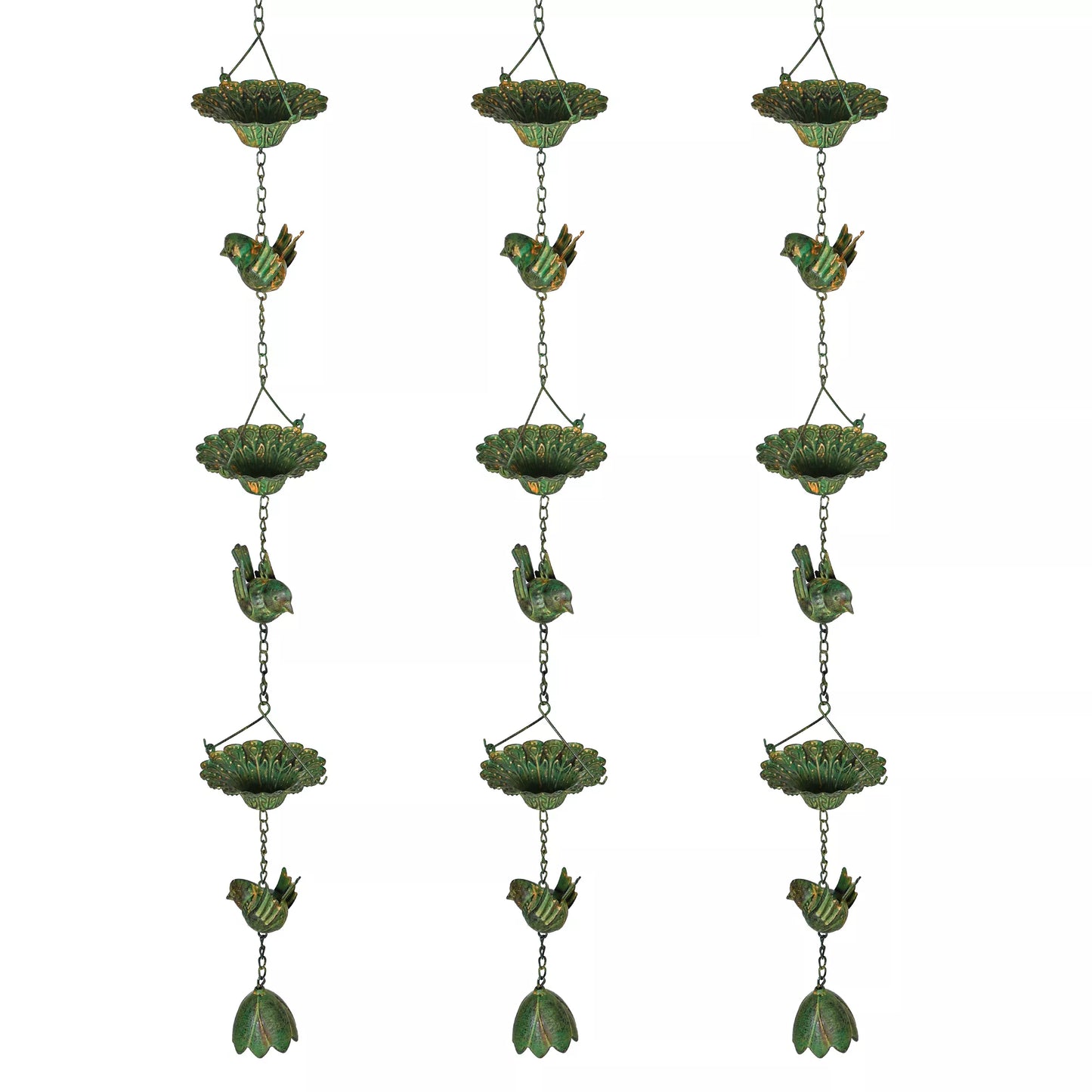 3 vnt. Rinkinys Lietaus Grandinės 123cm Metalinis Vandens Nutekėjimo Vamzdelis su Pritvirtintu Pakabuku Paukščių Varpelis Žalias