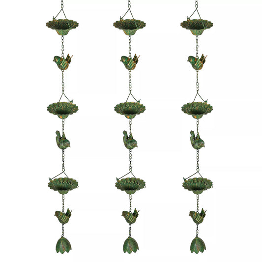 3 vnt. Rinkinys Lietaus Grandinės 123cm Metalinis Vandens Nutekėjimo Vamzdelis su Pritvirtintu Pakabuku Paukščių Varpelis Žalias