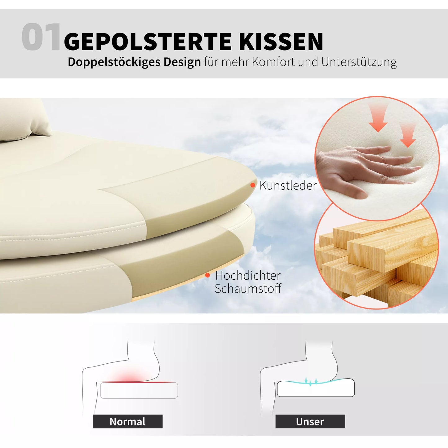 Biuro kėdė be porankių su dirbtinės odos apmušalu, rašomojo stalo kėdė su ratukais, papildoma pagalvėlė, reguliuojamo aukščio, riedanti, smėlio spalvos