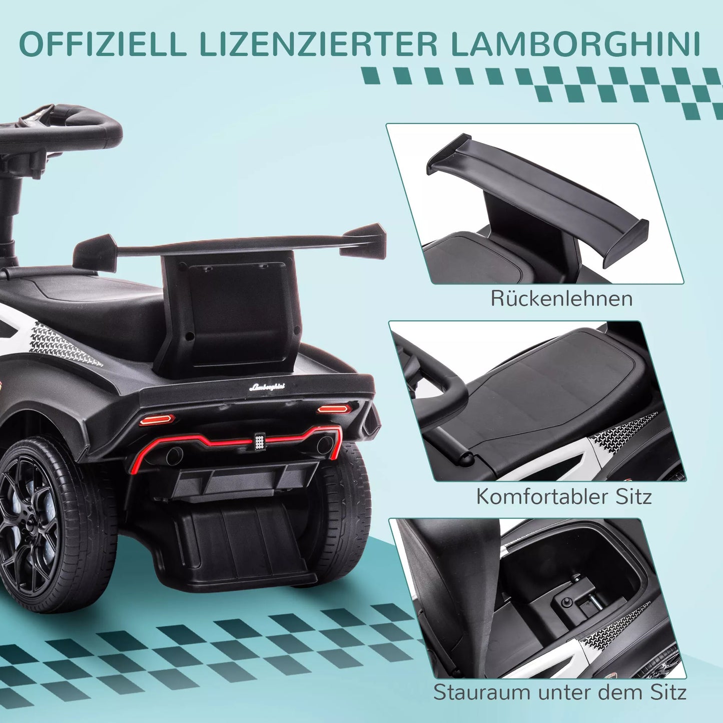 Vaikiškas paspiriamasis automobilis su Lamborghini licencija, su garso efektais, apsauga nuo apvirtimo, 67 cm x 28 x 38 cm
