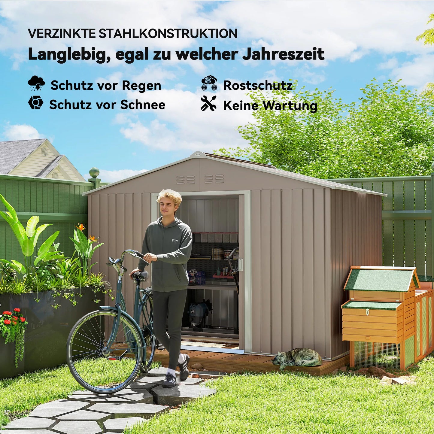 Metalinis sodo namelis įrankiams su stumdomomis durimis ir ventiliacijos langeliais, 277 x 195 x 192 cm, šviesiai pilkos spalvos