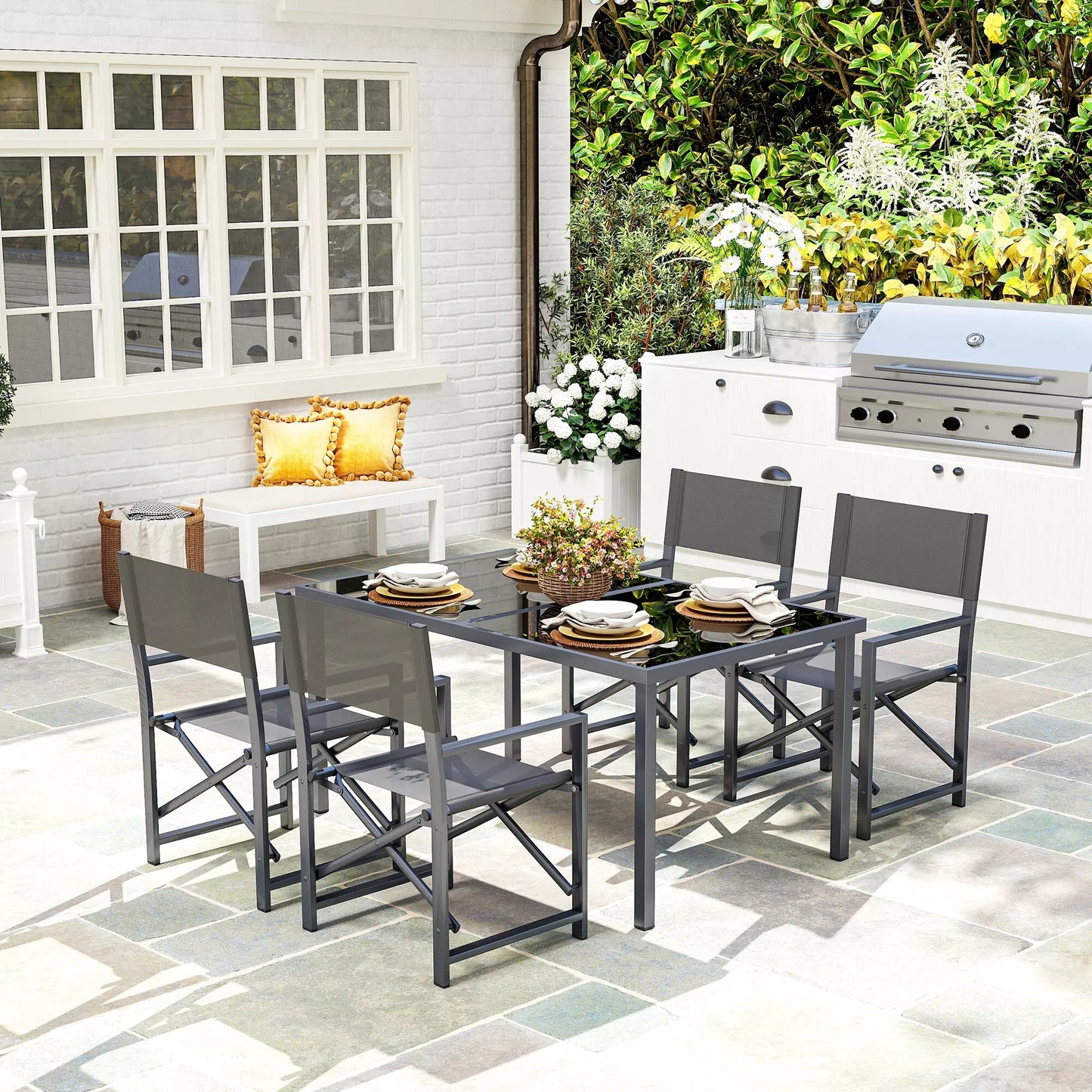 5 dalių sėdimoji grupė, valgomojo komplektas, plienas, 4 asmenims, su 4 sulankstomomis kėdėmis, pilka stiklo stalviršio stalo