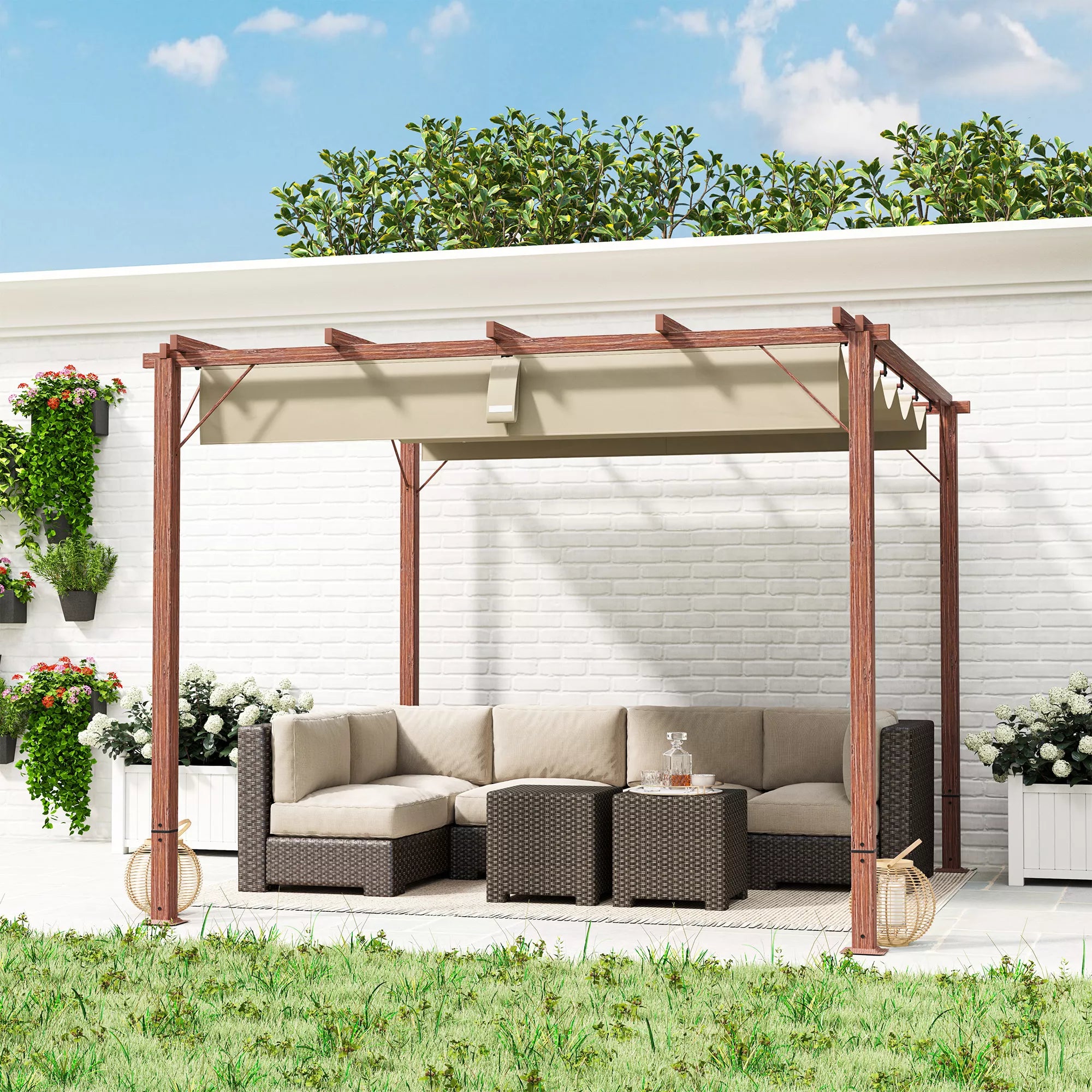 3 x 3 m sodo pergola, reguliuojamas terasos stogas, aliuminio rėmas, UPF30+ apsauga nuo saulės, natūralus medis