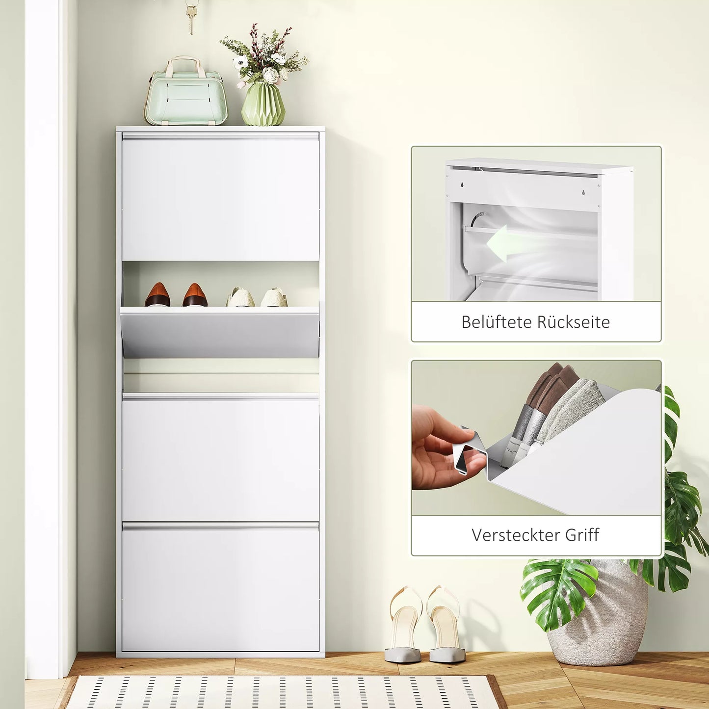 Siaura balta metalinė batų spintelė iki 8 porų batų, 4 atlenkiamos durelės, skirta prieškambariui, koridoriui