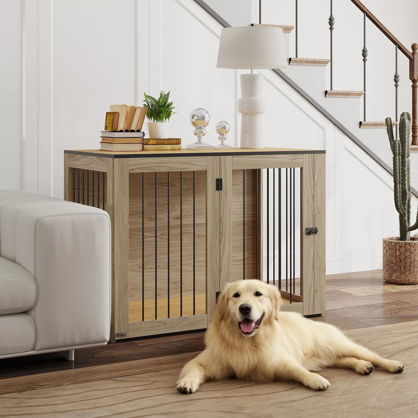 Šunų dėžė, naminių gyvūnų dėžė dideliems šunims, šunų būda, vidaus, 106 x 60 x 76 cm, ąžuolas