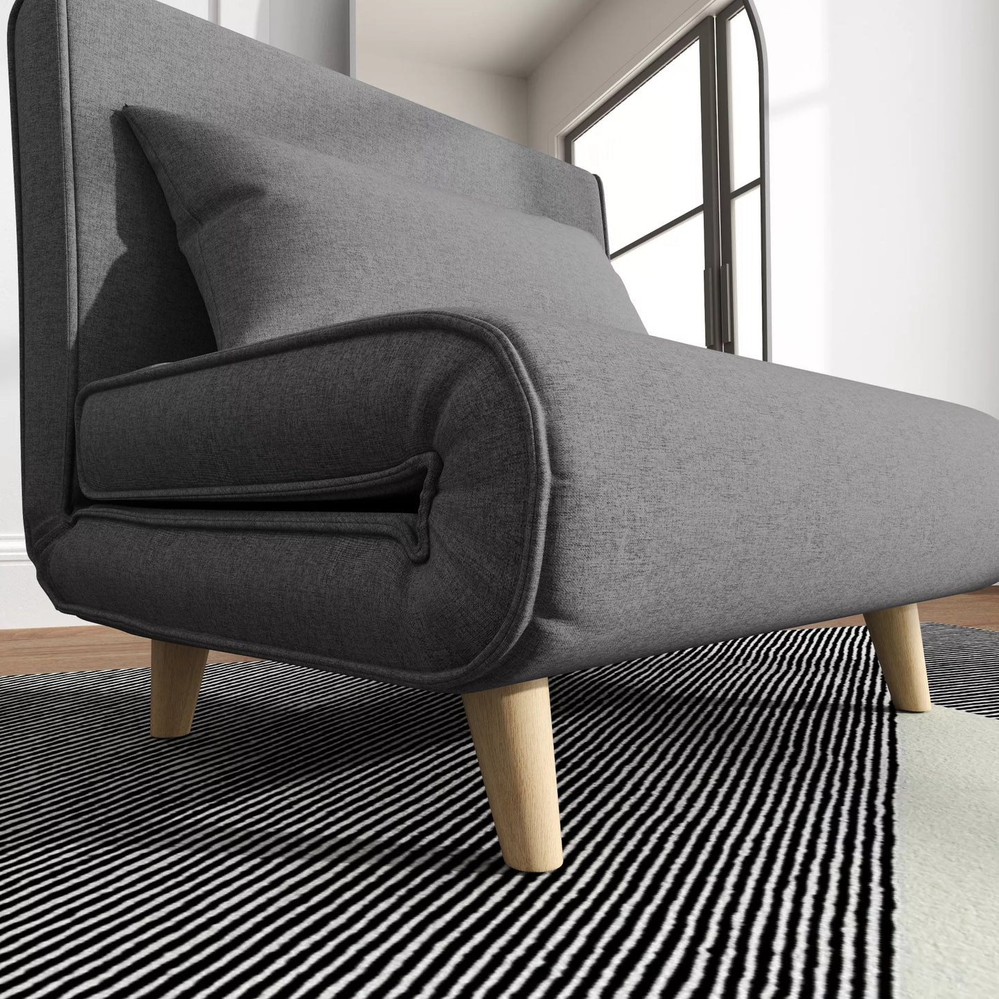 Vienvietė sofa, miegama sofa, sulankstoma sofa, reguliuojama nugarėlė, kušetė, nordiška, skandinaviška, 25D putplastis, namams, linas imitacija, kaučiukmedžio mediena, pilka, 94 x 78 x 80 cm