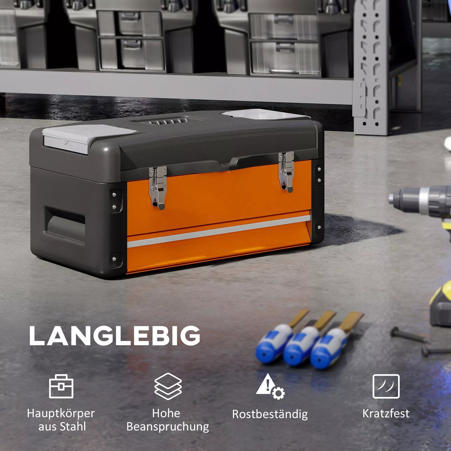 Tuščia įrankių dėžė, 49,7 x 25,3 x 23 cm, įrankių dėžė su stalčiumi, mini dėžutė, plieninė, oranžinė