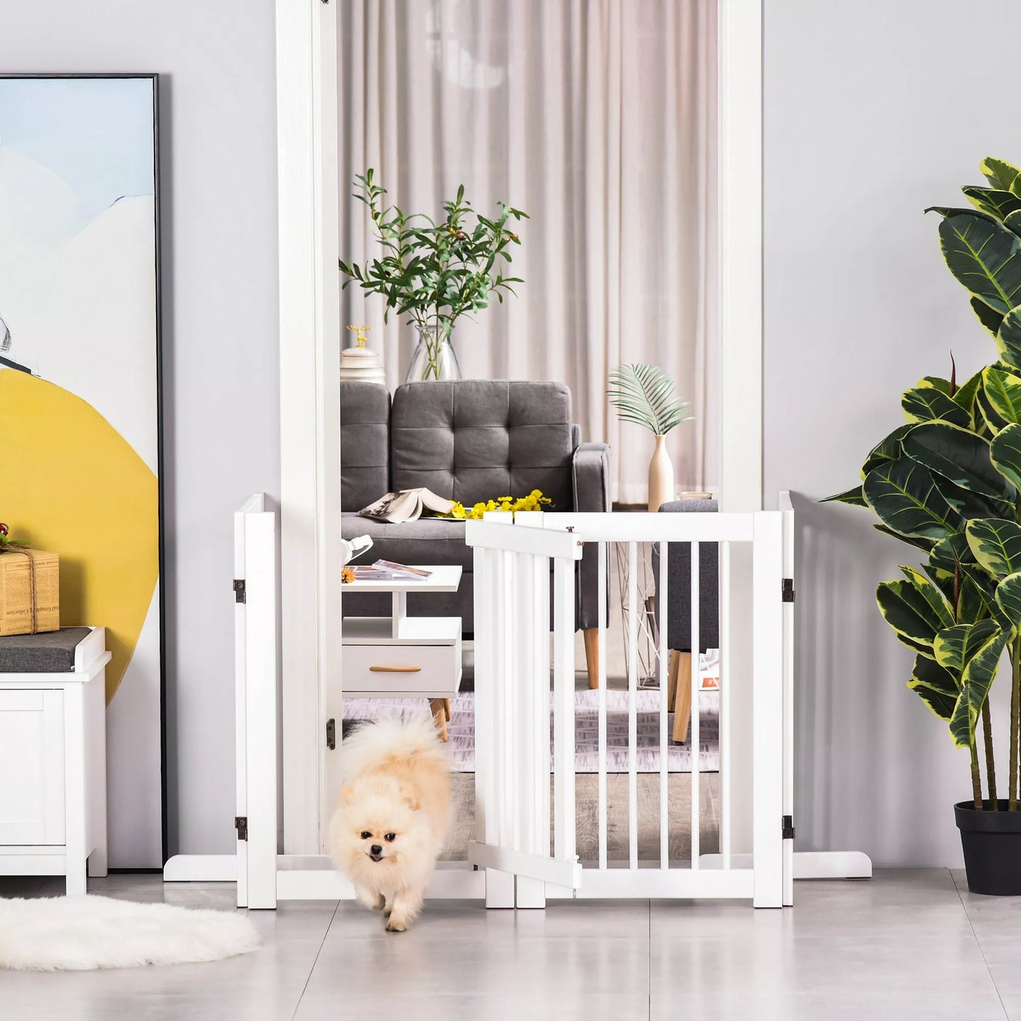 Šunų užtvaras 4 dalių, 204 x 75 cm Sulankstomi apsauginiai varteliai su durelėmis, Laisvai pastatomi šunų varteliai su 2 atraminėmis kojelėmis, Mediniai varteliai laiptams, koridoriui, virtuvei, balti