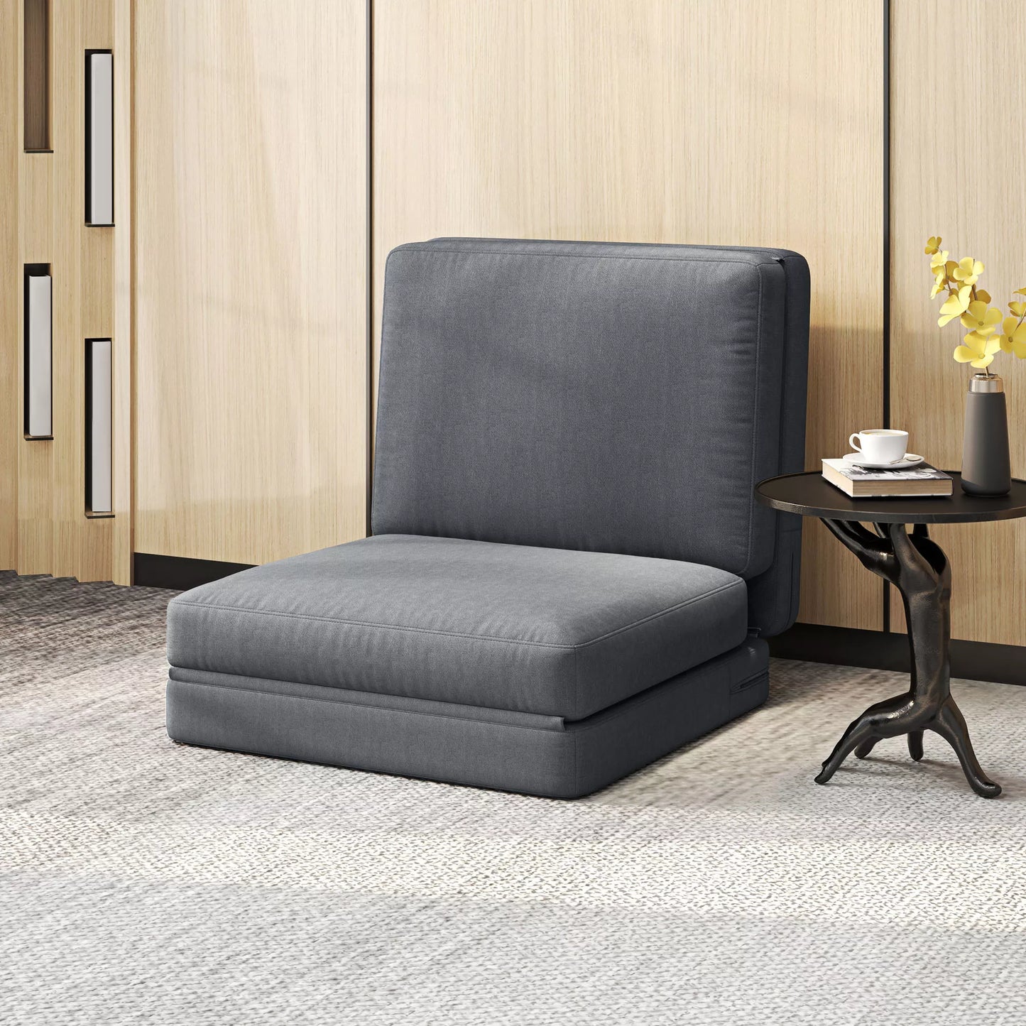 Sulankstoma grindų kėdė su pagalvėle, transformuojama minkšta sofa, svetainei, svečių kambariui, biurui, 75 x 268 x 18 cm, tamsiai pilka