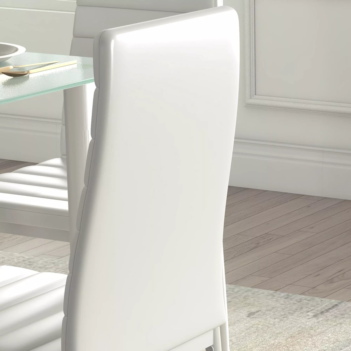 5 dalių valgomojo komplektas su 4 kėdėmis, modernaus dizaino, stalas su stikliniu stalviršiu, baltas