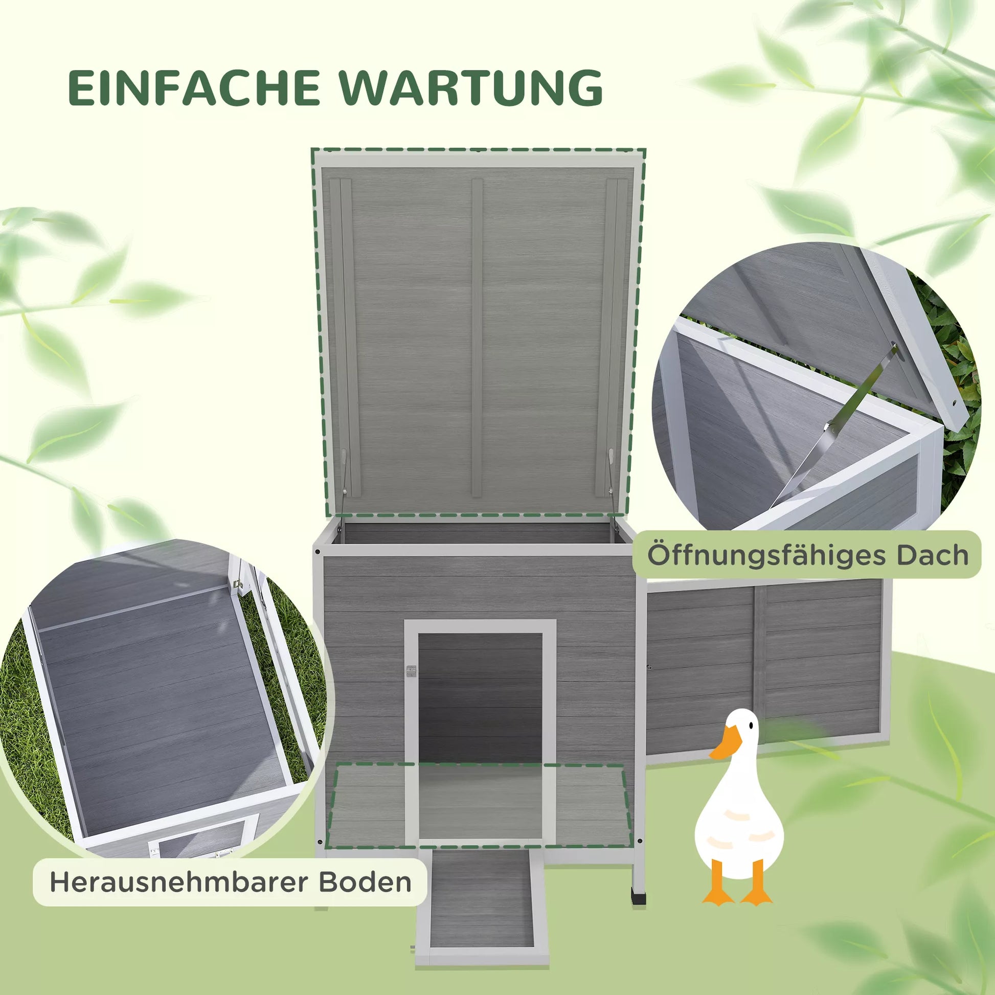 Ančių namelis Ančių namelis iš medžio su asfaltiniu stogu, išimamu dugnu, šoninėmis durimis, paukščių namelis su ventiliacijos angomis, atsparus oro sąlygoms Žąsų namelis Vištidė Šviesiai pilka 63 x 82 x 76 cm