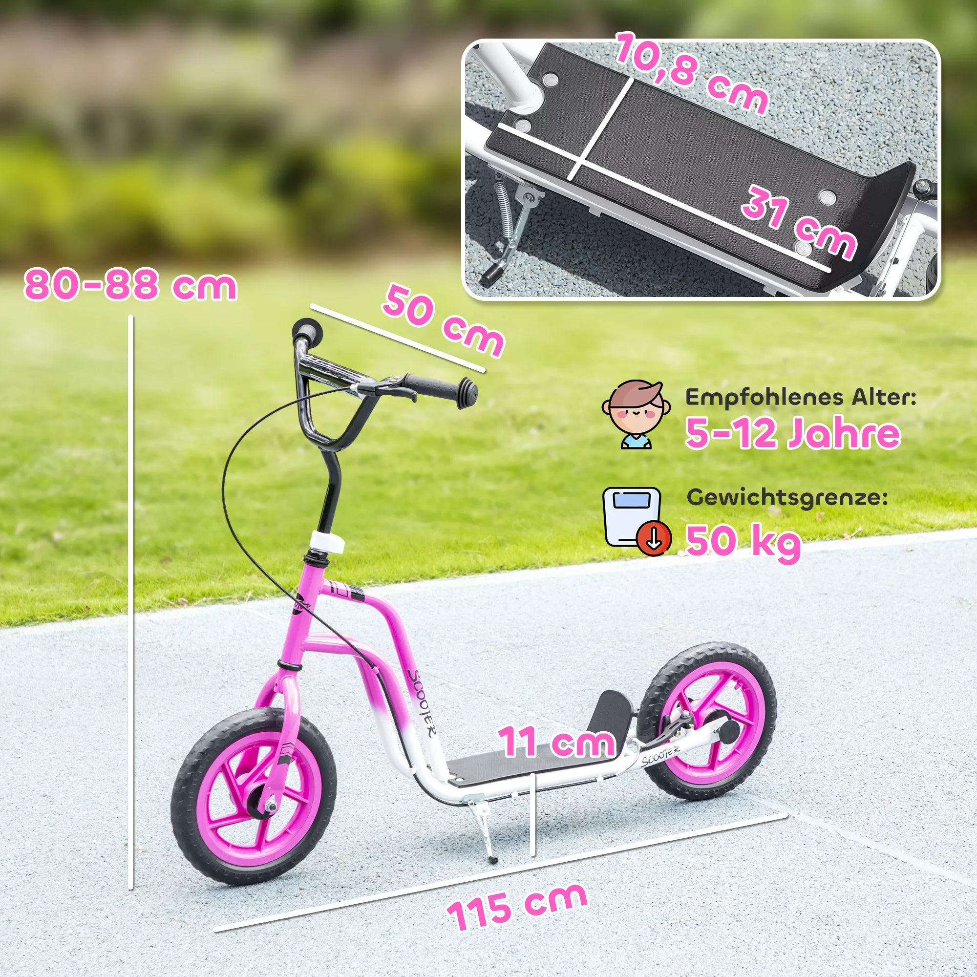 Infografika: rožinio paspirtuko vairo aukštis 80–88 cm, ilgis 115 cm, iki 50 kg