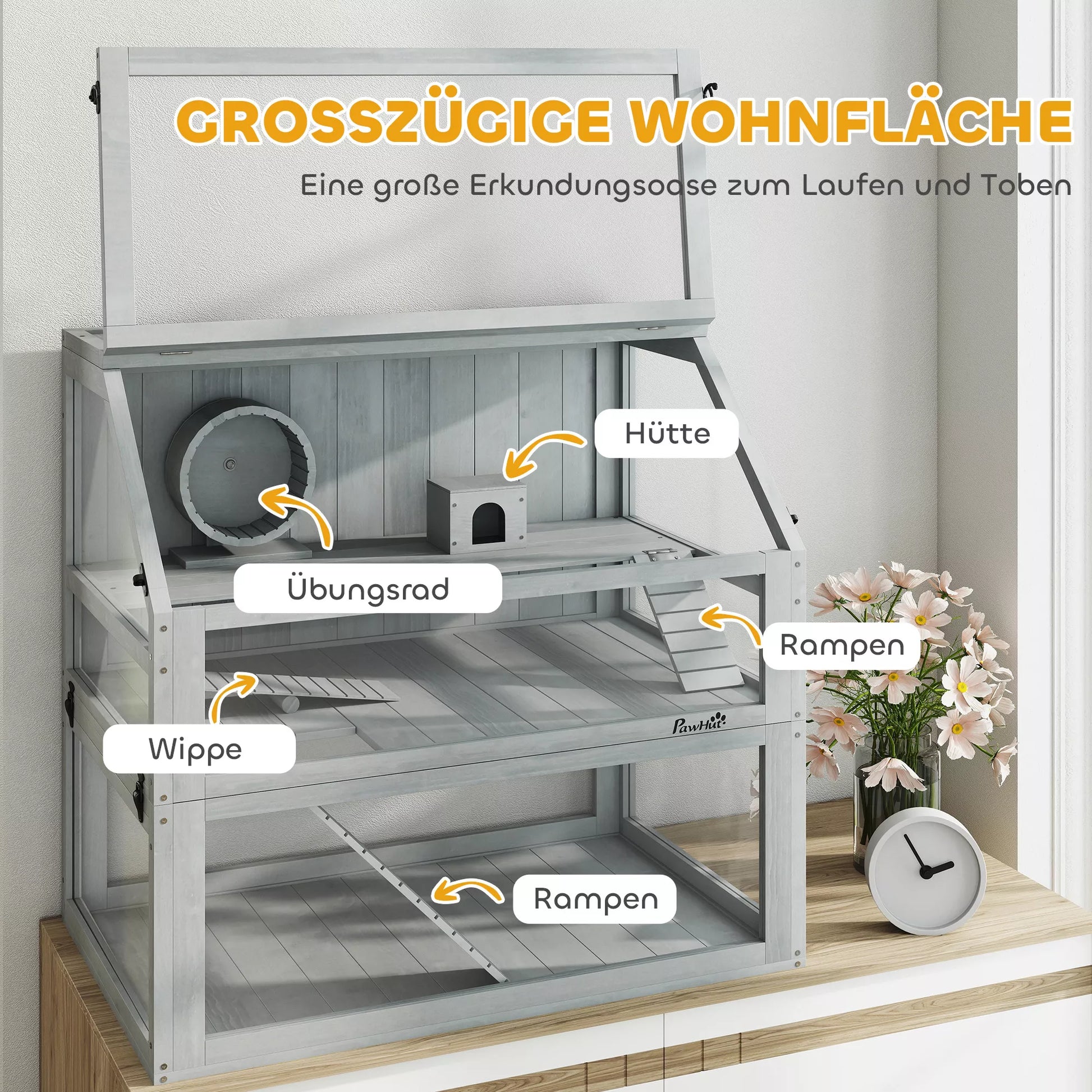Medinų namelis žiurkėnams, 3 aukštų su didele dugnine, nuimamais lygiais, smulkiems gyvūnėliams, 80x50x76cm, šviesiai pilkas