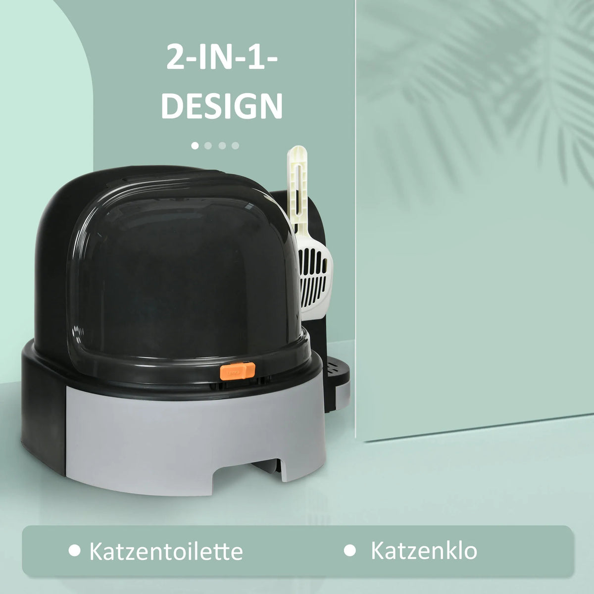 Uždaras kačių tualetas, su 2 ištraukiamais padėklais, kasimo mentele ir kraiko gaudykle, tamsiai pilkas
